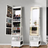 Garvee Jewelry Organizer Cabinet with Full-Length Mirror, 360° Rotating Vanity Mirror, Large Jewelry Armoire with LED & Shelves, Lockable Wheels, White, Bedroom Gift for Women - White