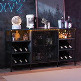 Garvee Farmhouse Industrial Wine Bar Cabinet with LED Light, Metal Sideboard, Wine Rack, Glass Holder, Mesh Door, Storage Liquor Cabinet for Living Room, 55 Inch, Black - Black