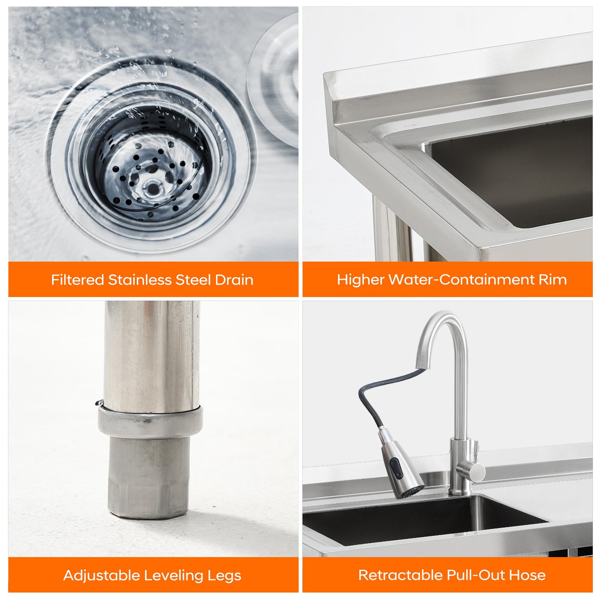 Garvee 39"W x 14"D x 33"H  Stainless Steel Utility Sink Single Bowl Free Standing with Right Drawer Workbench Rack Faucet Hot Cold Water for Laundry Kitchen Garage Workshop Outdoor
