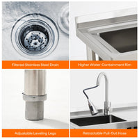 Garvee 39"W x 14"D x 33"H  Stainless Steel Utility Sink Single Bowl Free Standing with Right Drawer Workbench Rack Faucet Hot Cold Water for Laundry Kitchen Garage Workshop Outdoor