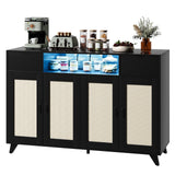 Garvee Rattan Sideboard Buffet Cabinet with Storage, 47 Inch, Wooden Accent, Living Room & Dining Room, 4 Doors, 2 Drawers, LED Lights, Power Outlet - Black