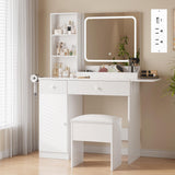 Garvee Vanity Desk with Mirror and Lights, Power Outlets, Storage Stool for Bedroom, White - White