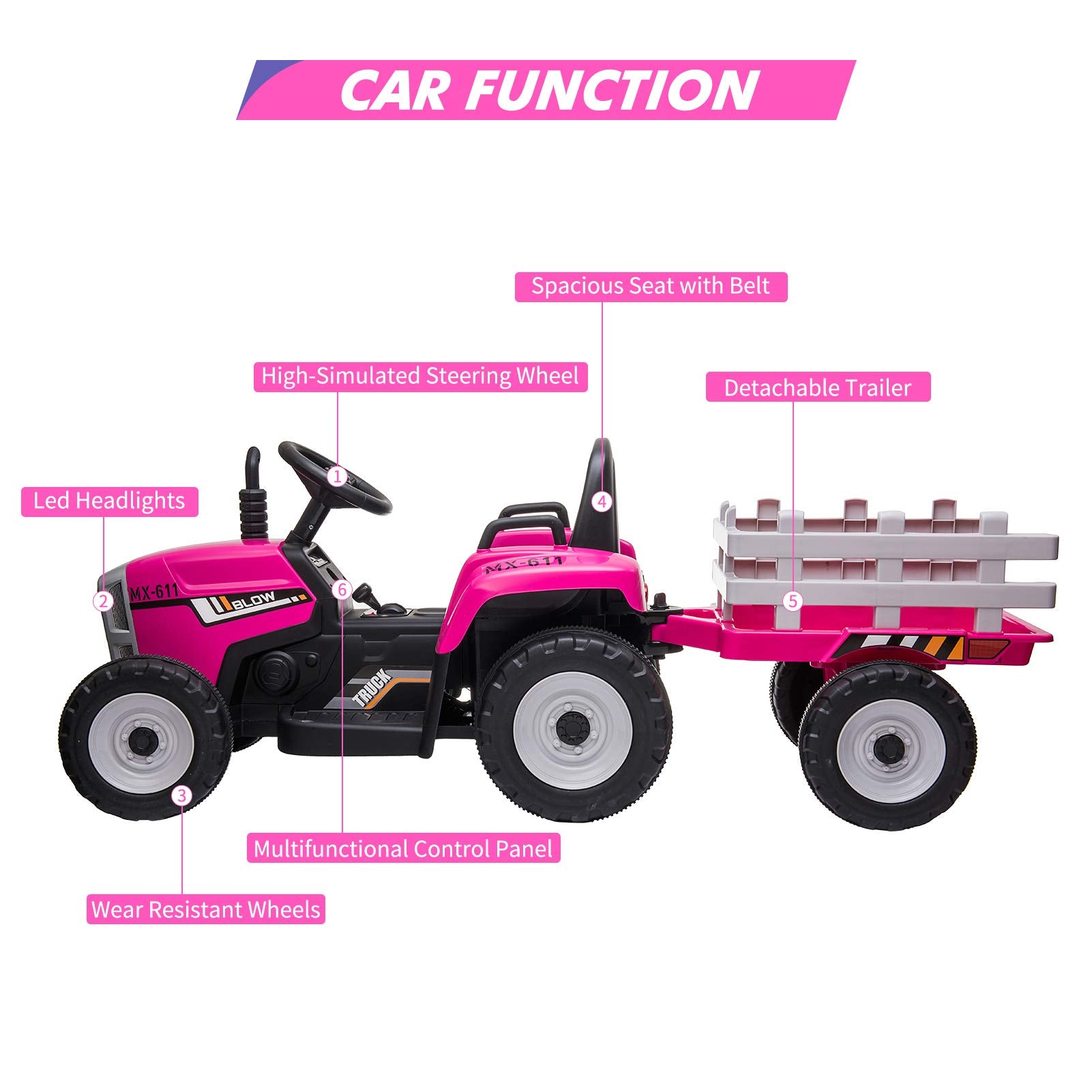 Garvee Ride - P Series: 12V Electric Tractor & Trailer for Kids, 3-6 Yrs - With RC - Rose / 25W