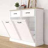 Garvee Double Tilt Out Trash Cabinet, Hidden Trash Storage Cabinet, 20 Gal, Freestanding White, Kitchen Dining Living Room - White Cabinet Body And Wooden Top Panel