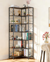 Garvee Corner Shelf 7 Tier Industrial Wood Metal Frame Large Bookcase Freestanding Display Shelf Living Room Kitchen Home Office Rustic Brown - Brown