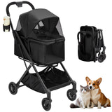 Garvee Foldable 4-Wheel Pet Stroller Lightweight Travel Carrier for Small to Medium Dogs & Cats Up to 50 LBS, 360° Swivel Wheels, Foot Brake, Breathable Mesh, Black
