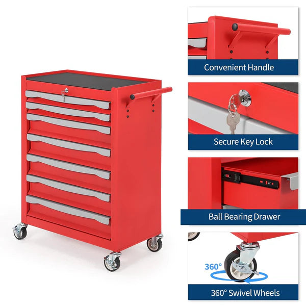 Garvee 7-Drawer Tool Chest Rolling Tool Cart with Wheels Large Capacity Storage Cabinet with Keyed Locking for Garage Workshop Warehouse Black Red Blue