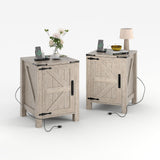 Garvee Rustic Farmhouse Nightstand Set of 2 with Charging Station, Barn Door, Adjustable Storage Shelf, 18" Wooden Small Bedside Table, Modern Two-Tier Nightstand for Bedroom, Brown
