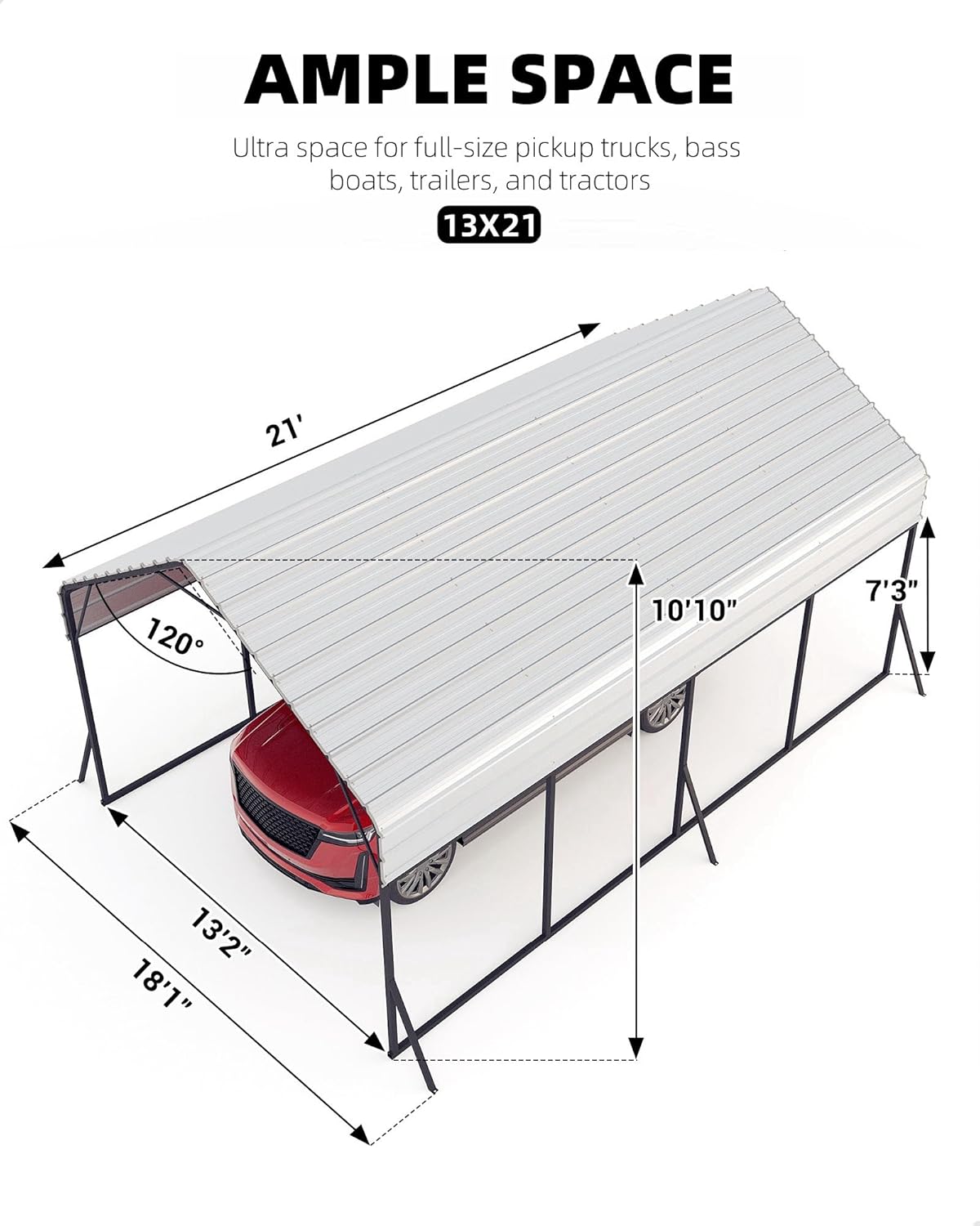 Garvee 13 ft x 21 ft x 11 ft Oversized Metal Carport Heavy Duty Steel Shed for Bass Boats Pickup Trucks Tractors, 660 LBS, All-Weather Protection, Grey