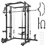 Garvee Power Cage Smith Machine Squat Rack Heavy Duty Power Rack Home Gym Pulley System Dip Bar LAT Pulldown Multifunctional Compact Design Carbon Steel - Black