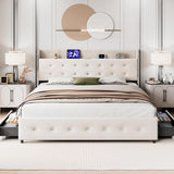 Garvee Full Size Bed Frame With Storage Headboard & Charging Station, Velvet Upholstered Platform Bed, 4 Drawers, Beige, Noise Free, Easy Assembly