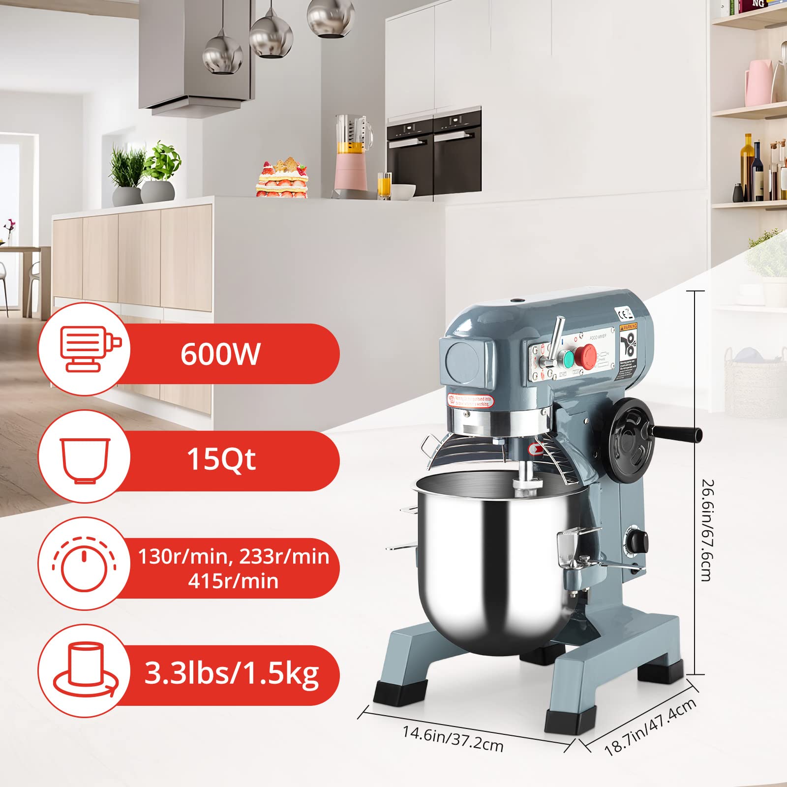 Garvee Commercial Stand Mixer 15Qt with Timing Function, 600W 3 Speeds Adjustable, Stainless Steel Bowl Stand Mixer With Safety Guard, Premium for Schools Bakeries Restaurants Pizzerias