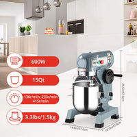 Garvee Commercial Stand Mixer 15Qt with Timing Function, 600W 3 Speeds Adjustable, Stainless Steel Bowl Stand Mixer With Safety Guard, Premium for Schools Bakeries Restaurants Pizzerias