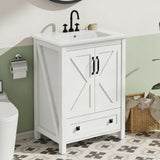 Garvee 24 Inch Bathroom Vanity with Ceramic Sink, Modern Freestanding Cabinet, White - White