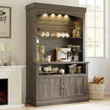 Garvee Coffee Bar Cabinet with LED Lights, Microwave Stand, Wine Rack, Glass Shelf, 72" Tall, Oak Black, Farmhouse Kitchen Sideboard - Oak Black