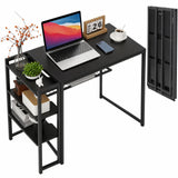 Garvee 35 Inch Folding Desk With Storage Shelf, Space-Saving, Sturdy Writing Computer Table for Bedroom, Home Office, Dorm, Apartment, Black - Black