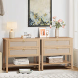Garvee Rattan Night Stand Set of 2 with 2 Drawers, Large Boho Bedside Table for Bedroom Living Room, Cherry Wood, 26.8" W x 15.6" D x 25.5" H