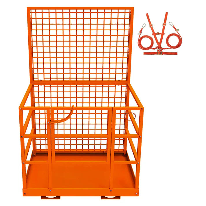 Garvee Forklift Safety Cage Heavy Duty Steel Man Basket Foldable Work Platform with Guardrails Safety Harness Wheels for Aerial Work