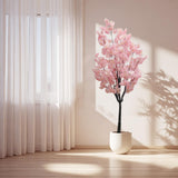 Garvee Cherry Blossom Artificial Tree with Plastic Nursery Pot Pink for Home Office Wedding Decorations - (5Ft) 150Cm Single Pole Cherry Blossom Tree White Explosion-Proof Pot