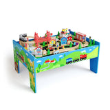Garvee 78 Piece 4-in-1 Wooden Train Table for Toddlers & Kids, Multipurpose Play & Study Desk, Natural Wood, Reversible Top, Built-In Storage