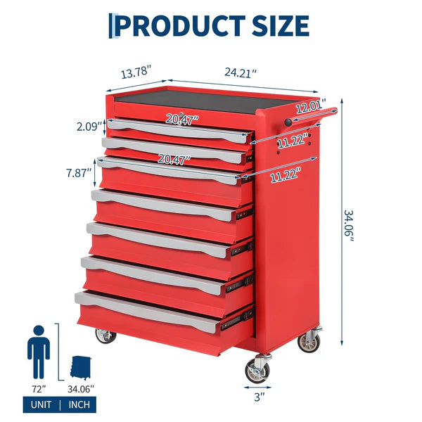 Garvee 7-Drawer Tool Chest Rolling Tool Cart with Wheels Large Capacity Storage Cabinet with Keyed Locking for Garage Workshop Warehouse Black Red Blue