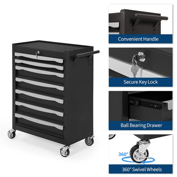 Garvee 7-Drawer Tool Chest Rolling Tool Cart with Wheels Large Capacity Tool Storage Cabinet Keyed Locking for Garage Workshop Warehouse Black Red Blue