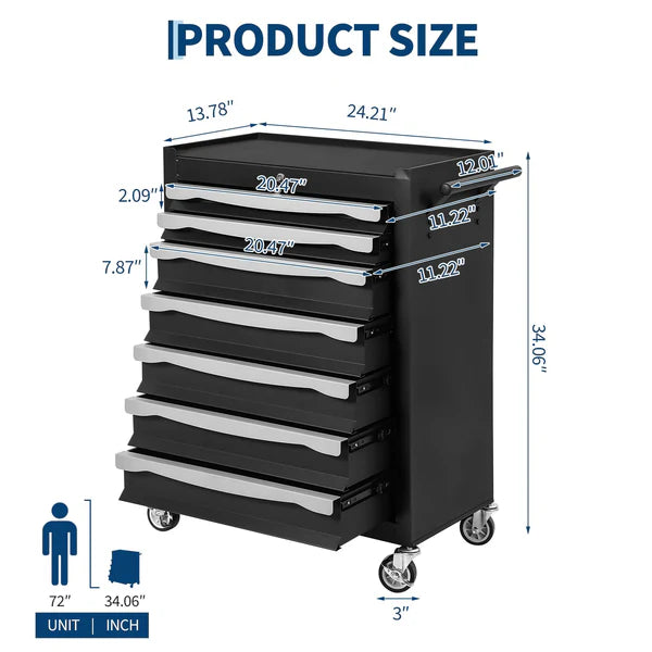 Garvee 7-Drawer Tool Chest Rolling Tool Cart with Wheels Large Capacity Tool Storage Cabinet Keyed Locking for Garage Workshop Warehouse Black Red Blue