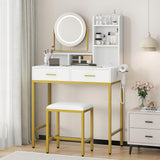 Garvee Makeup Vanity Desk with Mirror and Lights, Stool, 2 Drawers, Power Outlet, Bedroom Dressing Table, Black and White - White