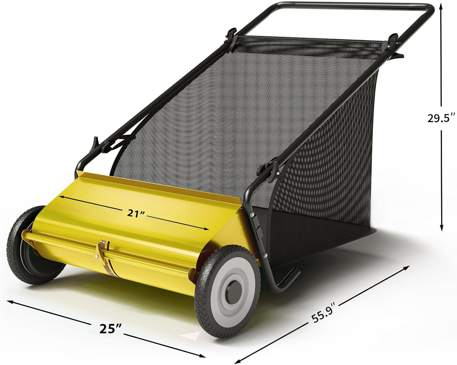 Garvee Push Lawn Sweeper 21-Inch Width 4-Brush System Heavy Duty Steel Frame Yard Garden Cleanup Yellow