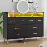 Garvee Dresser TV Stand with Charging Station and LED Lights, 8-Drawer Modern Wooden TV Stand for Bedroom Living Room Entryway, Metal Handles, White - Black