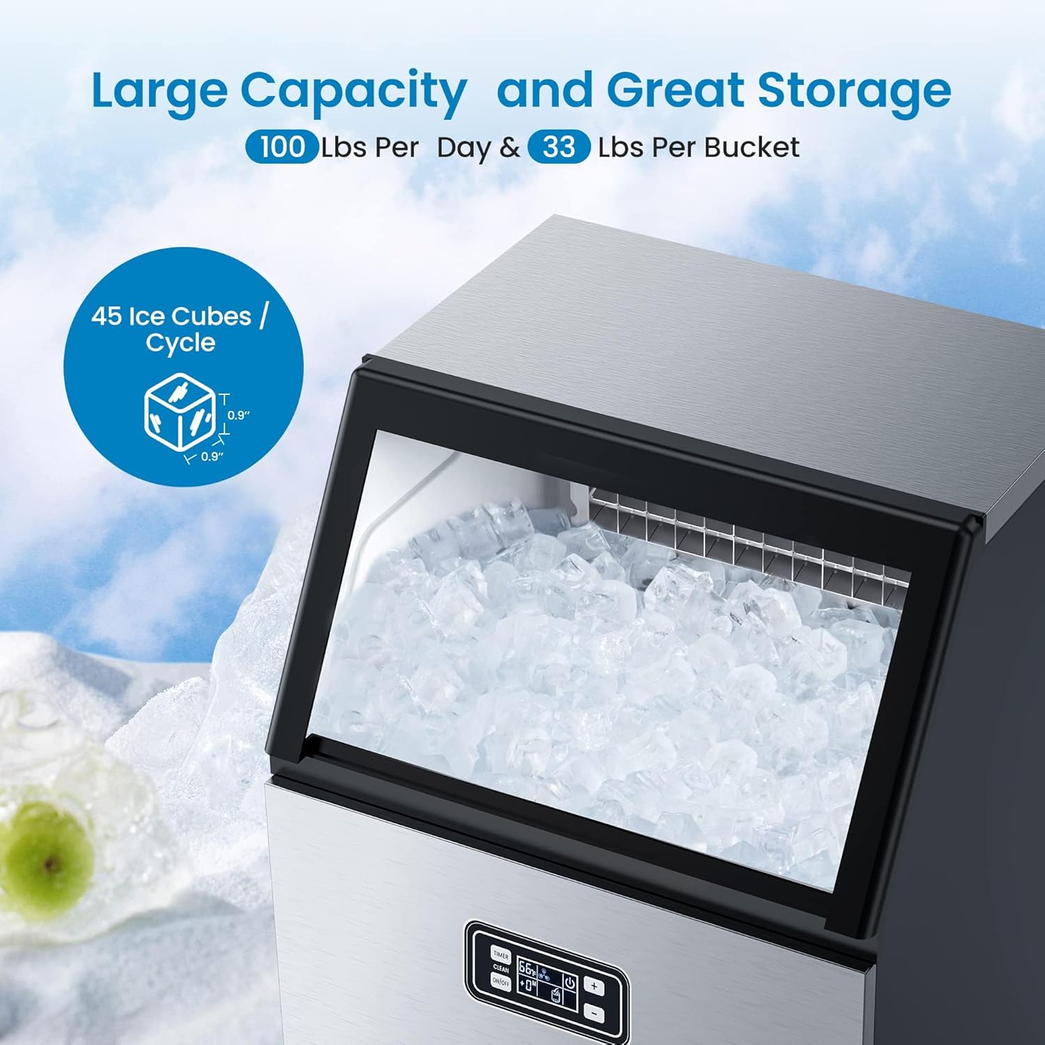 Garvee Commercial Ice Maker Machine Stainless Steel 110LBS/24H Output 33LBS Storage Countertop Undercounter