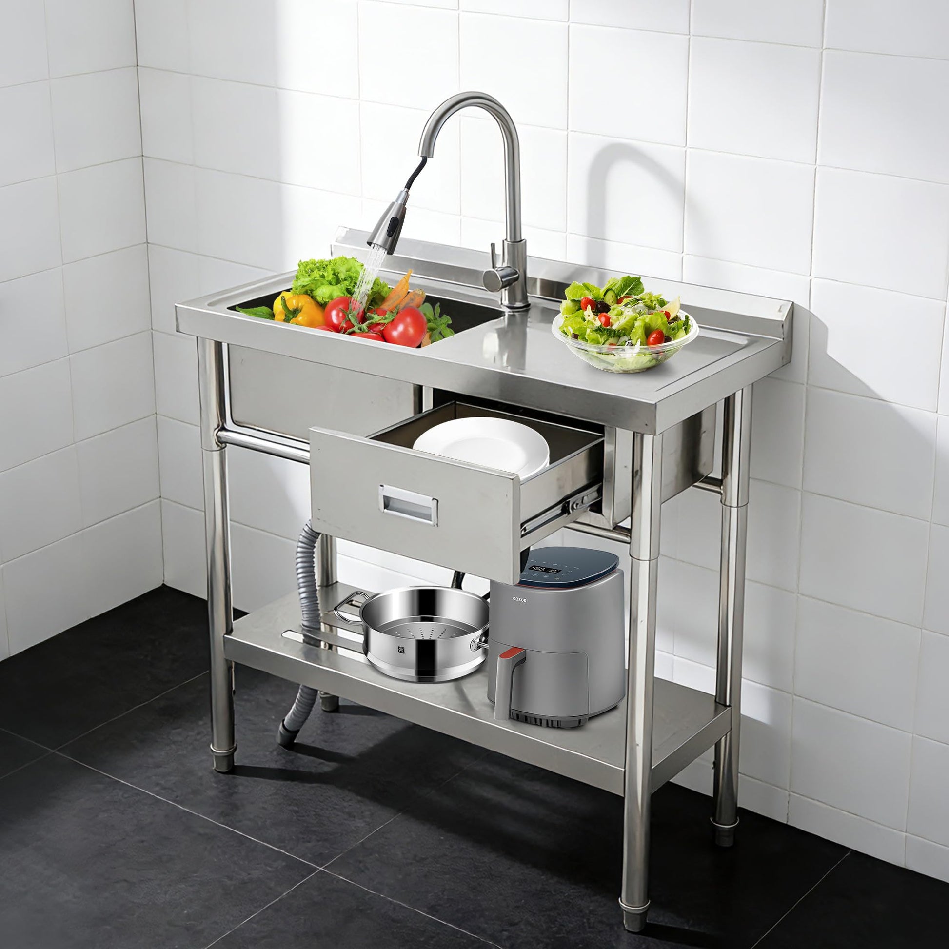 Garvee 39"W x 14"D x 33"H  Stainless Steel Utility Sink Single Bowl Free Standing with Right Drawer Workbench Rack Faucet Hot Cold Water for Laundry Kitchen Garage Workshop Outdoor