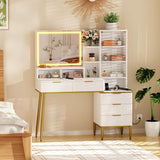 Garvee Modern Makeup Vanity Desk with HD Lighted Mirror & Power Outlet, 5 Drawers, Glass Top, White, Bedroom