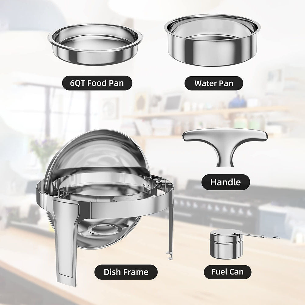Garvee 6QT Roll Top Chafing Dish Buffet Set,Full Size Stainless Steel Pan Chafer, Round Catering Warmer Server, for Wedding, Parties, Banquet, Catering Event,1 Pack