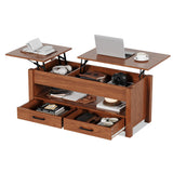 Garvee Lift Top Coffee Table with Storage, Wooden Central Table for Living Room, 47.2", Brown, 2 Drawers & Hidden Compartment - Brown