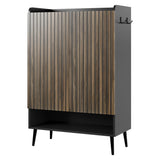 Garvee Black & Dark Walnut Shoe Storage Cabinet, 6-Tier Two-Door Entryway Organizer, 29.4"X14.6"X43.3" Particleboard Frame with Fluted MDF Doors, Adjustable Shelves, Open Bottom Storage, Side Hooks, Anti-Tip Design for Hallway, Living Room or Bedroom - Black & Dark Walnut