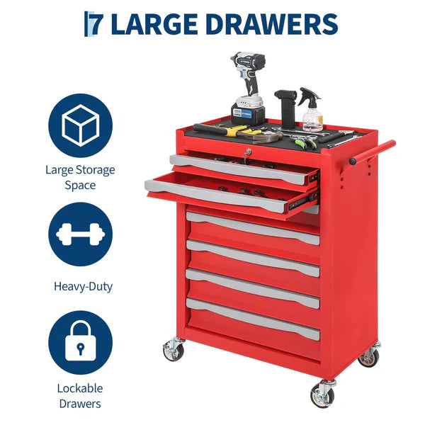 Garvee 7-Drawer Tool Chest Rolling Tool Cart with Wheels Large Capacity Storage Cabinet with Keyed Locking for Garage Workshop Warehouse Black Red Blue