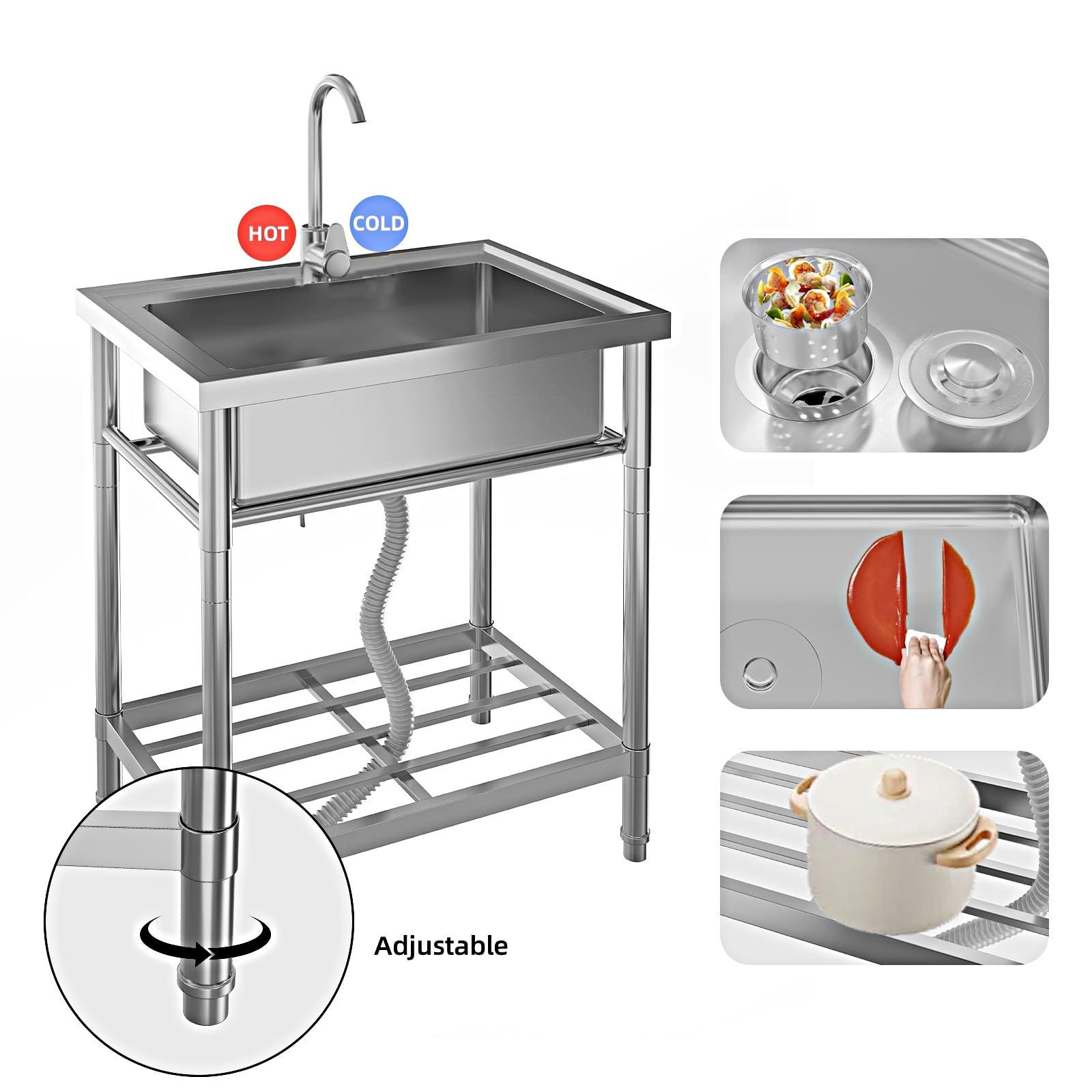 Garvee 20"D X 28"W X 34"H Free Standing Utility Sink Single Bowl Stainless Steel Commercial Kitchen Sink with Hot and Cold Water Pipes for Indoor and Outdoor Use