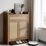 Garvee Boho Shoe Cabinet 32 Inch Rattan Shoe Organizer with Doors and Drawer Coffee Bar Cabinet Adjustable Shelf Brown