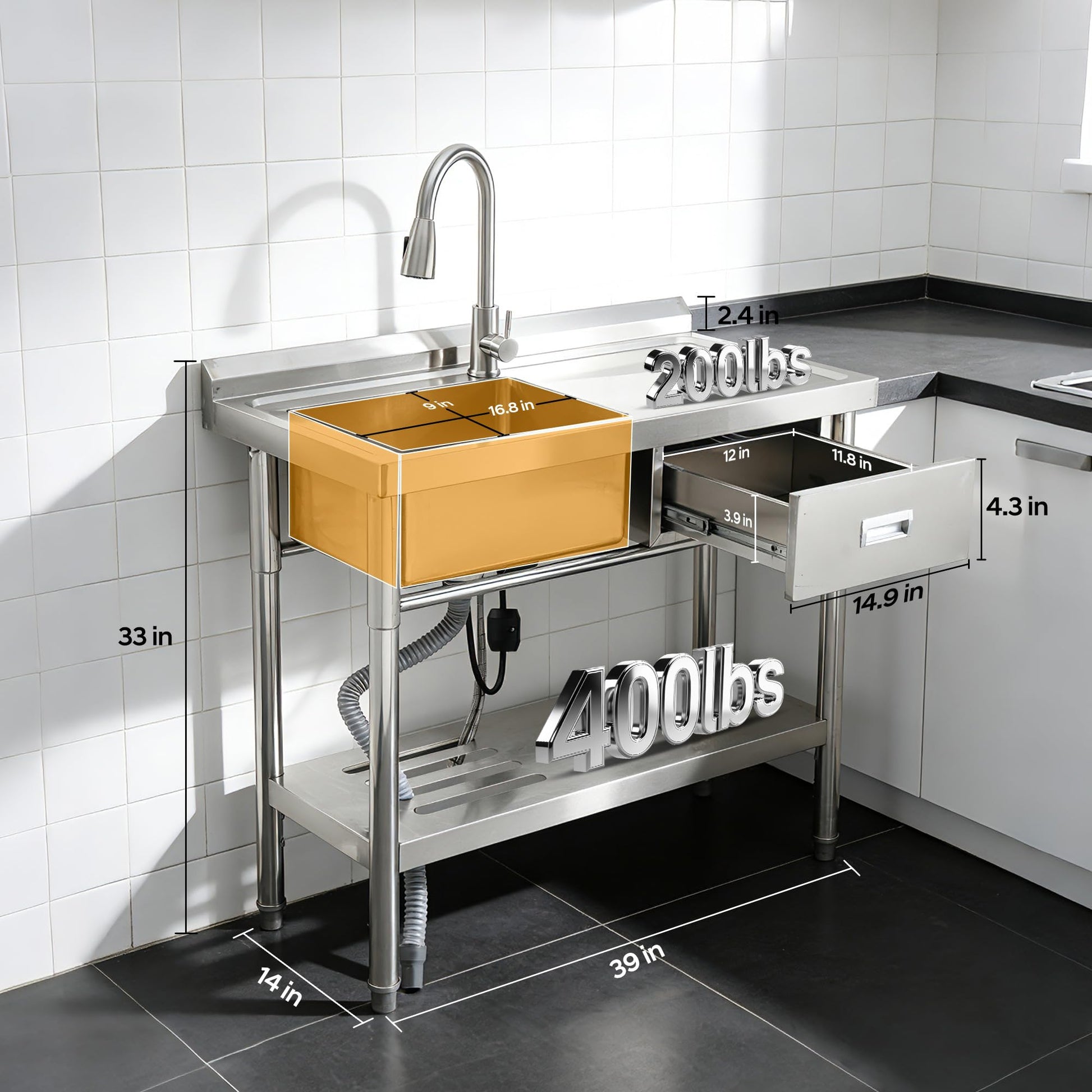 Garvee 39"W x 14"D x 33"H  Stainless Steel Utility Sink Single Bowl Free Standing with Right Drawer Workbench Rack Faucet Hot Cold Water for Laundry Kitchen Garage Workshop Outdoor