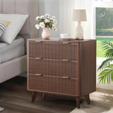 Garvee 32" Width Modern Fluted Nightstand with Faux Marble Top, 3 Drawer Bedside Table, Walnut for Bedroom Living Room Hallway - Walnut