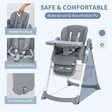 Garvee Foldable High Chair for Babies & Toddlers, PU Leather Adjustable Backrest, Footrest, Seat Height, Removable Tray, 5-Point Safety Harness, Locking Wheels, Dark Grey - Dark Grey