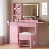Garvee Vanity Desk with Mirror and Lights, Power Outlets Makeup Table with Drawers & Cabinet, Pink, Bedroom - Pink