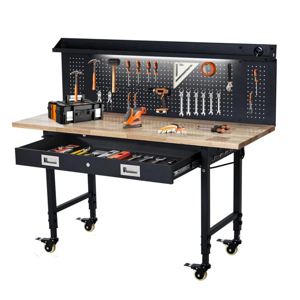 Établi Garvee de 60 po à hauteur réglable avec plateau en bois d'hévéa, panneau perforé, tiroirs de rangement, roulettes, prise électrique pour atelier de garage, capacité de 2000 lb, noir