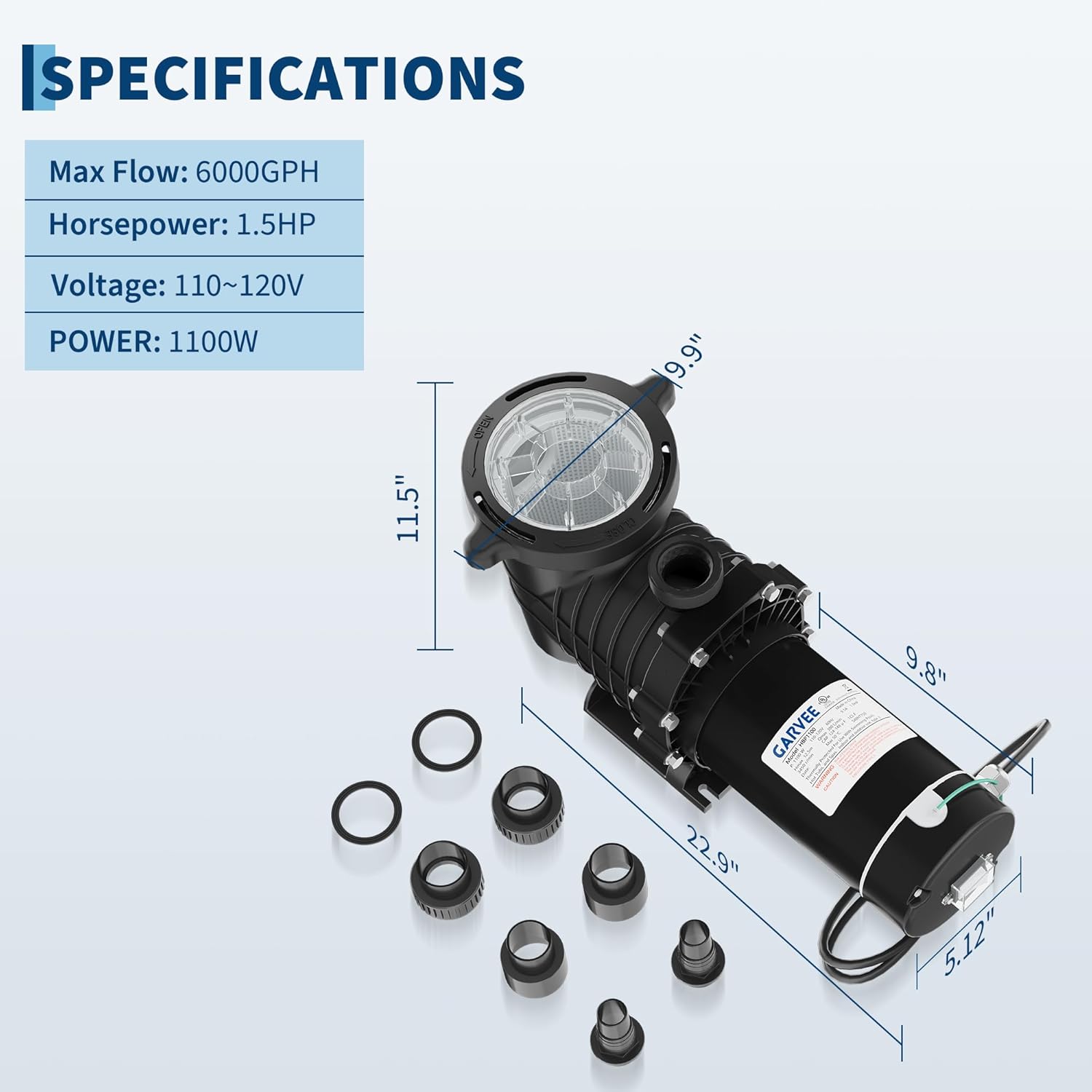 Garvee 1.5HP Pool Pump 1100W, Dual Voltage Swimming Pool Pump for Above Ground & Inground Pools, High Flow Copper Motor, Durable Thermoplastic Body with Strainer Basket