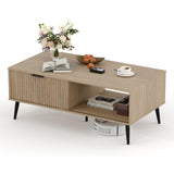 Garvee Coffee Tables for Living Room with Hidden Storage and Fluted Sliding Door, 41.34''x21.65''x16.34'', Wood Color, Farmhouse Style - Wood Color