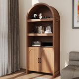 Garvee 71 in Tall Bookshelf Arched Cabinet, 5-Tier Wooden Storage Cabinet with Mid Century Doors for Office Dining Living Room, Brown - Brown