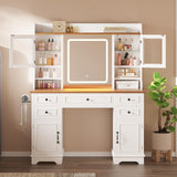 Garvee Vanity Desk Mirror with Lights, 47.24 in Makeup Vanity, 5 Drawers, 2 RGB Glass Cabinets, Built-in Outlets, White Farmhouse Dressing Table for Women Bedroom