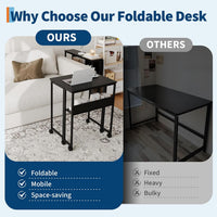Garvee Folding Desk Small Rolling Desk with Storage Shelf for Home Office and Study, 24.8 Inch, Black, Space-Saving Foldable Computer Table