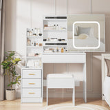 Garvee Vanity Desk with LED Mirror, 3 Mode Lighting, Charging Station, 4 Drawers, Shelves, Cushioned Stool, White, Bedroom